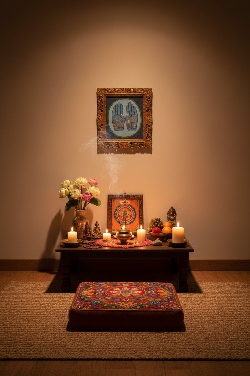 Painting of two open hands with sacred Buddhist symbols 