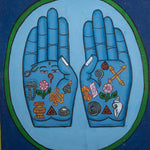 Painting of two open hands with sacred Buddhist symbols 