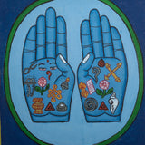 Painting of two open hands with sacred Buddhist symbols 