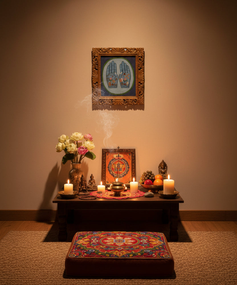 Painting of two open hands with sacred Buddhist symbols 