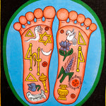 Painting of two sacred feet with colorful spiritual symbols 