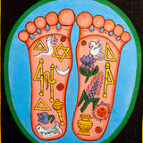 Painting of two sacred feet with colorful spiritual symbols 