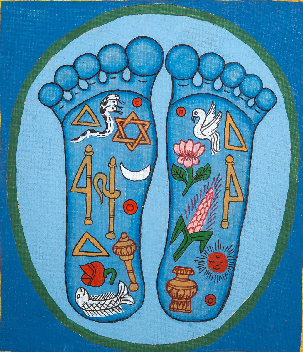 Painting of two sacred feet with colorful spiritual symbols