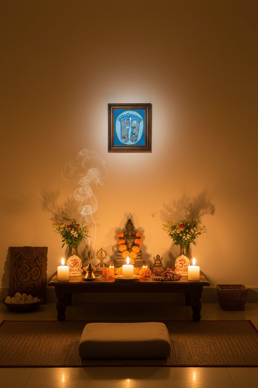 Painting of two sacred feet with colorful spiritual symbols