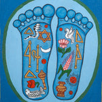 Painting of two sacred feet with colorful spiritual symbols