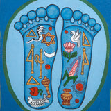 Painting of two sacred feet with colorful spiritual symbols