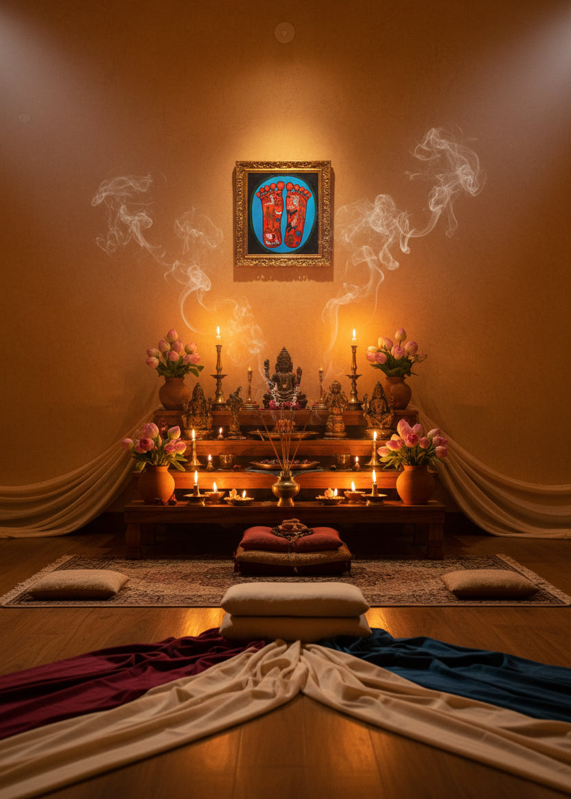 Painting of two sacred feet with colorful spiritual symbols