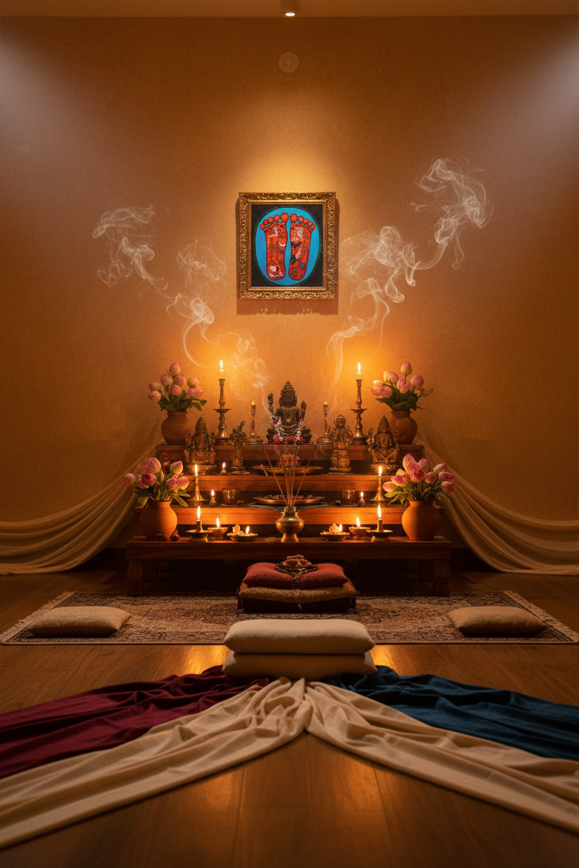 Painting of two sacred feet with colorful spiritual symbols