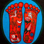 Painting of two sacred feet with colorful spiritual symbols
