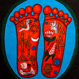 Painting of two sacred feet with colorful spiritual symbols