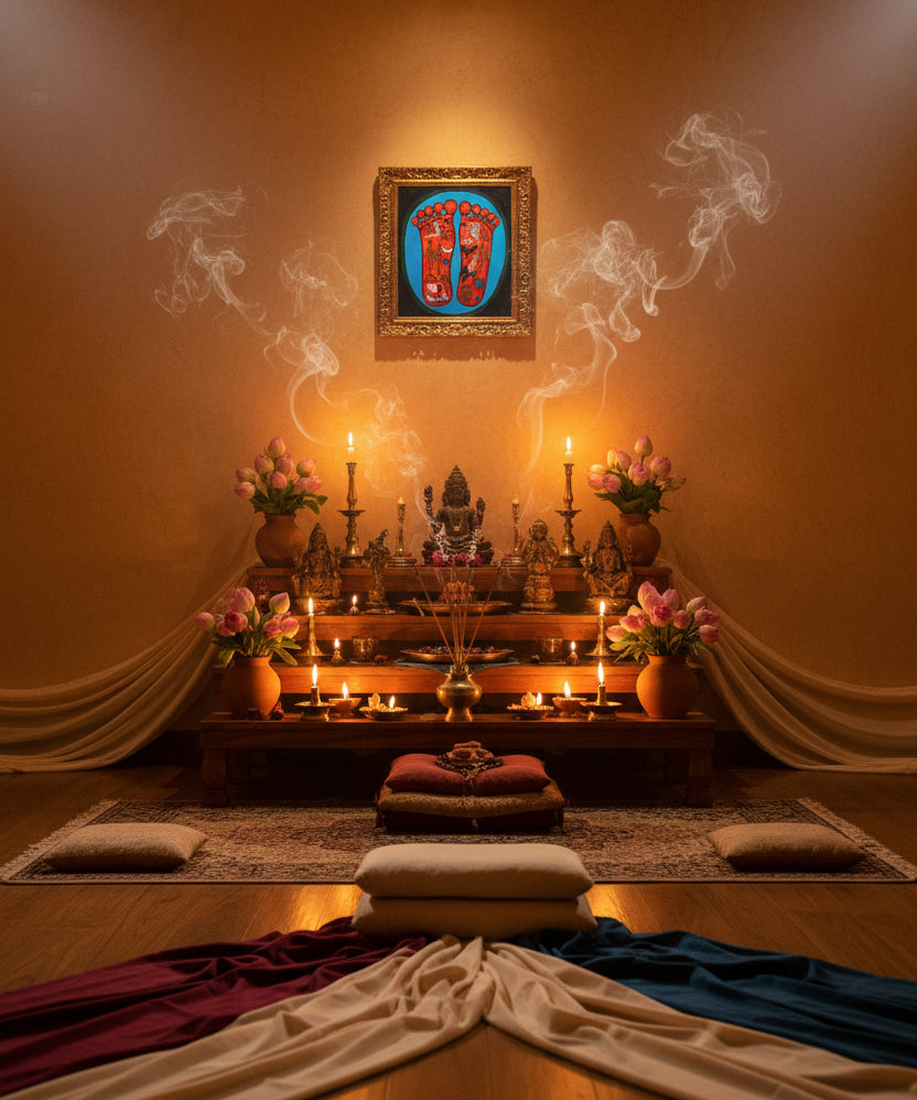 Painting of two sacred feet with colorful spiritual symbols