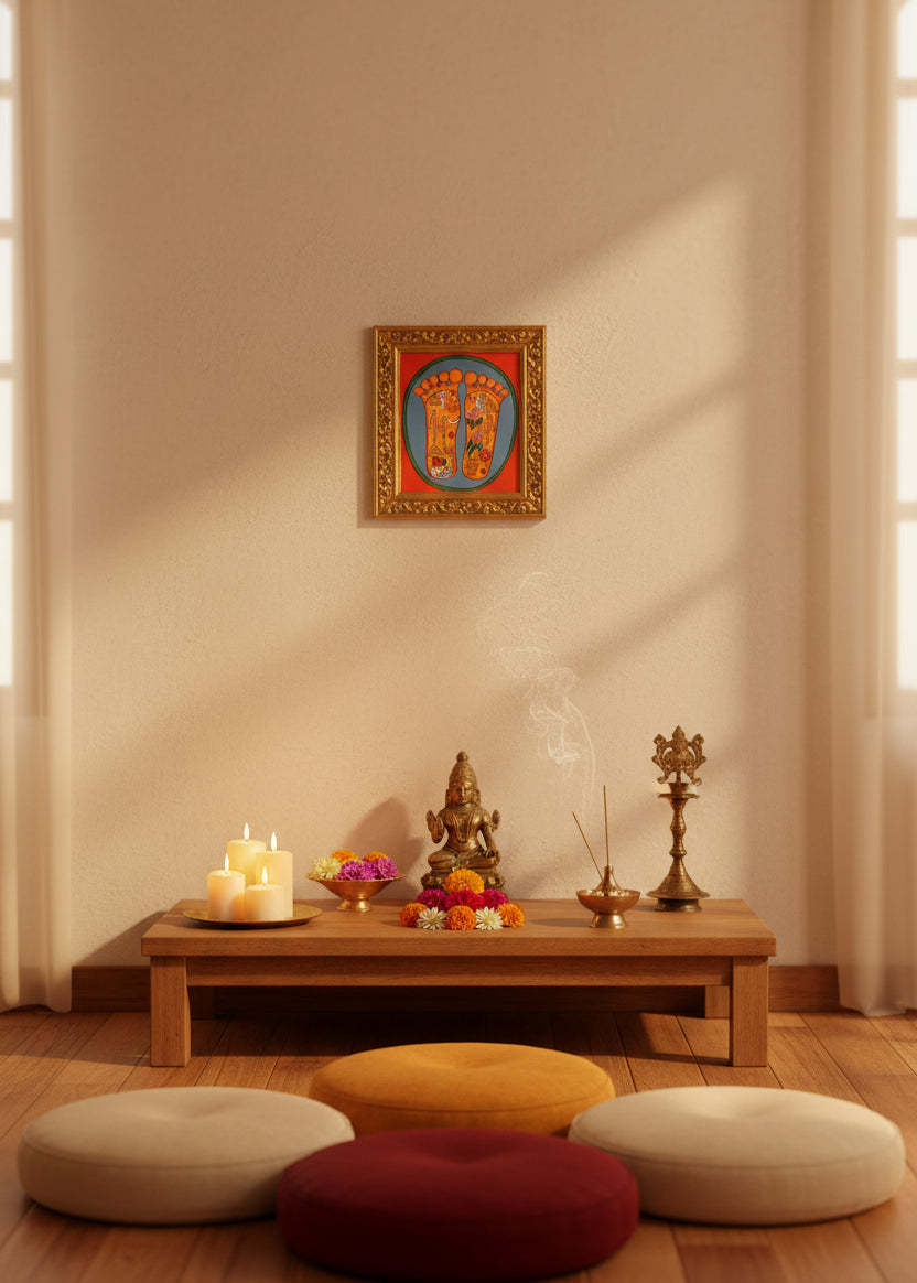 Painting of two sacred feet with colorful spiritual symbols