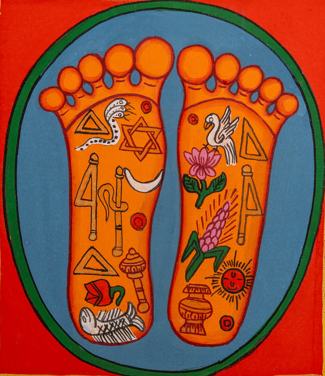 Painting of two sacred feet with colorful spiritual symbols