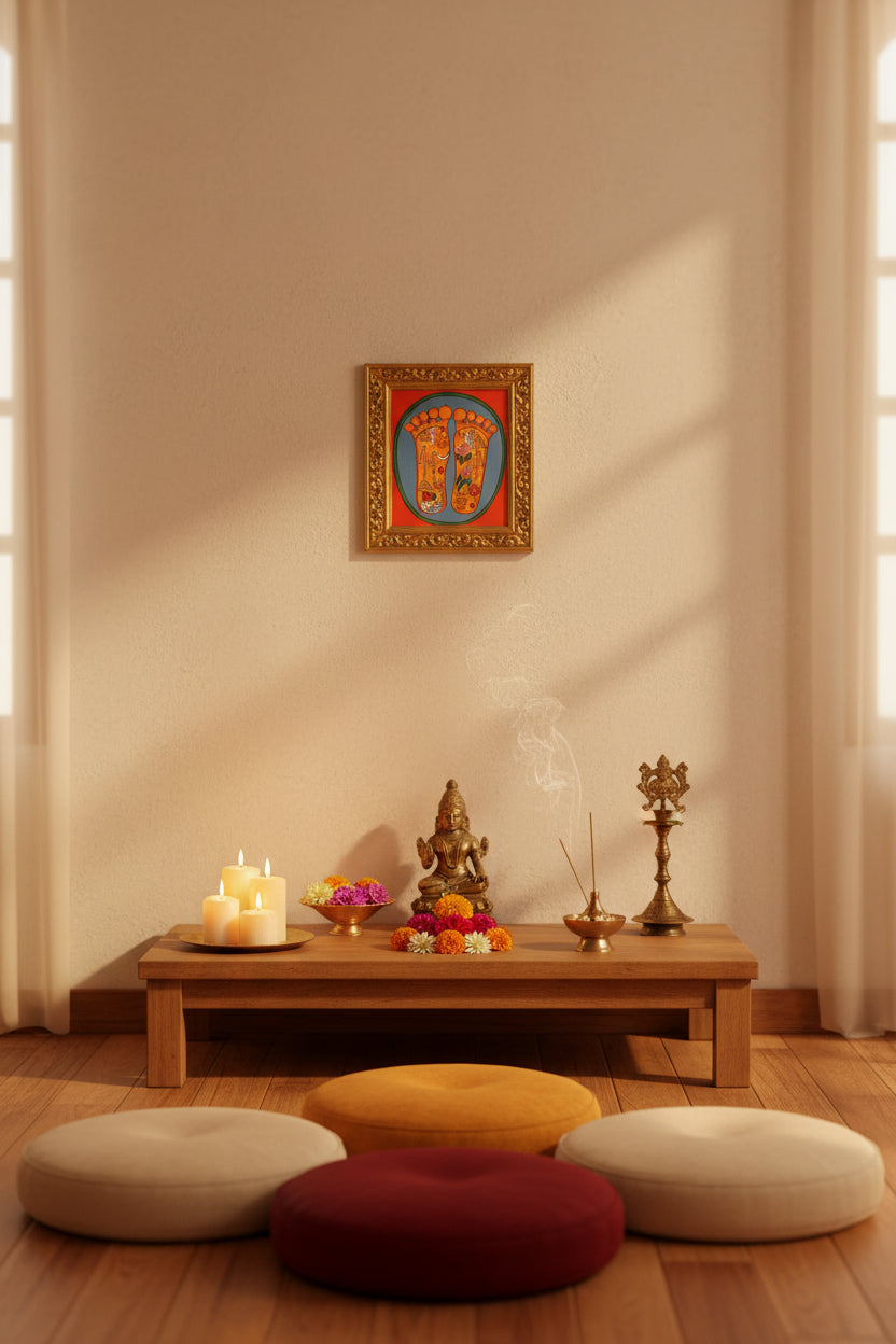 Painting of two sacred feet with colorful spiritual symbols