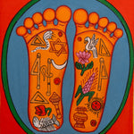 Painting of two sacred feet with colorful spiritual symbols