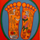 Painting of two sacred feet with colorful spiritual symbols