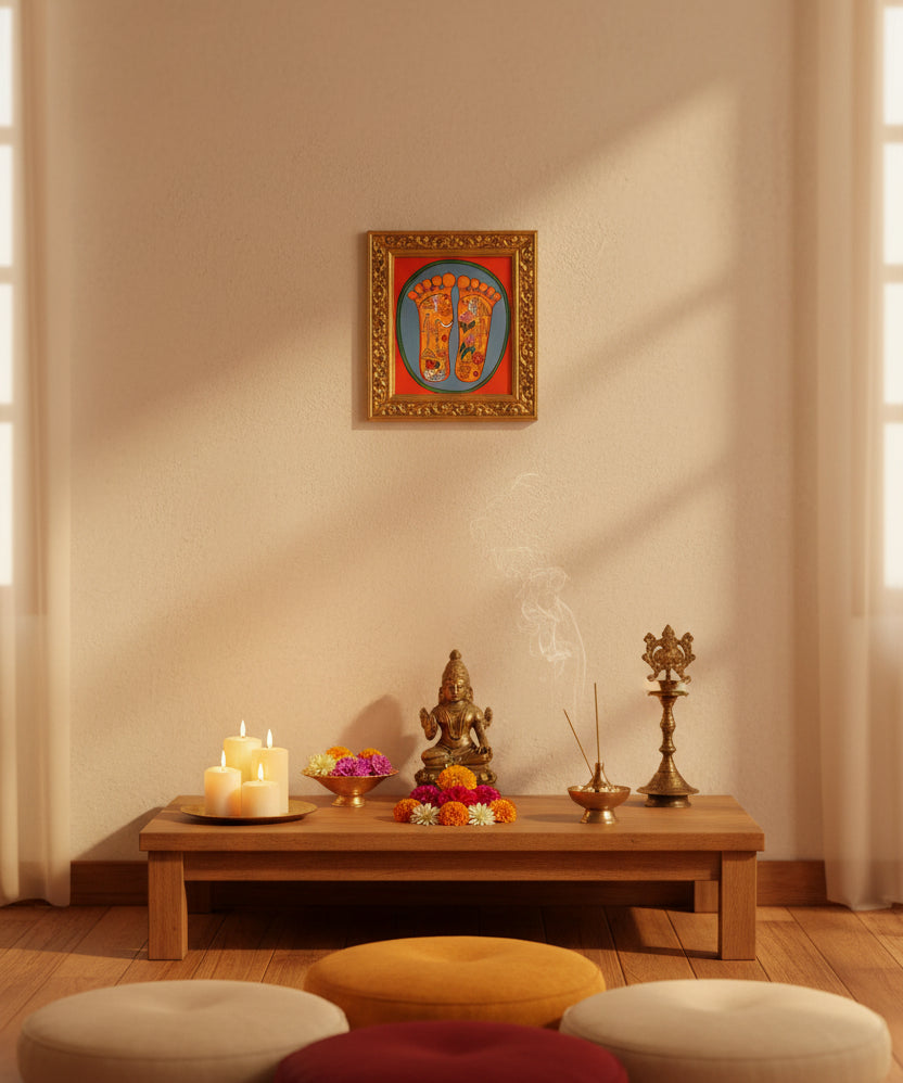 Painting of two sacred feet with colorful spiritual symbols