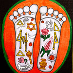Painting of two sacred feet with colorful spiritual symbols