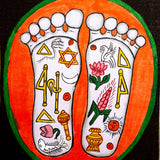 Painting of two sacred feet with colorful spiritual symbols