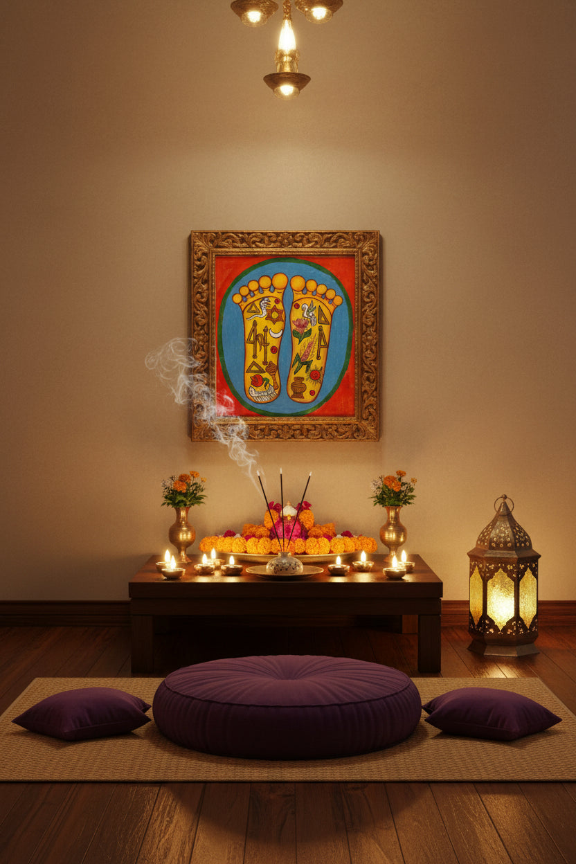 Painting of two sacred feet with colorful spiritual symbols
