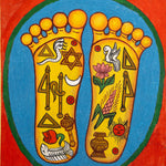 Painting of two sacred feet with colorful spiritual symbols