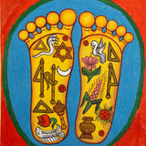 Painting of two sacred feet with colorful spiritual symbols