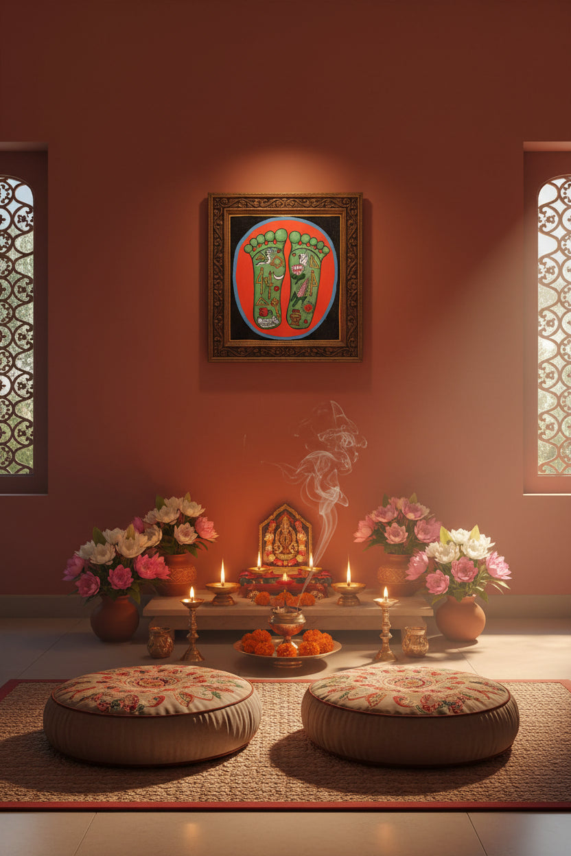Painting of two sacred feet with colorful spiritual symbols