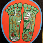 Painting of two sacred feet with colorful spiritual symbols