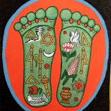 Painting of two sacred feet with colorful spiritual symbols