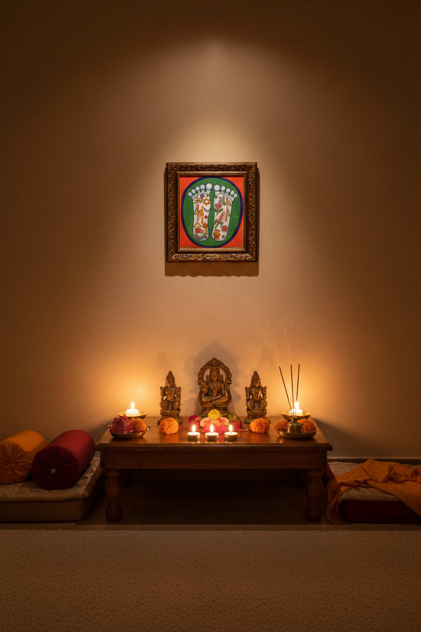 Painting of two sacred feet with colorful spiritual symbols