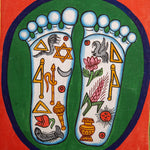 Painting of two sacred feet with colorful spiritual symbols