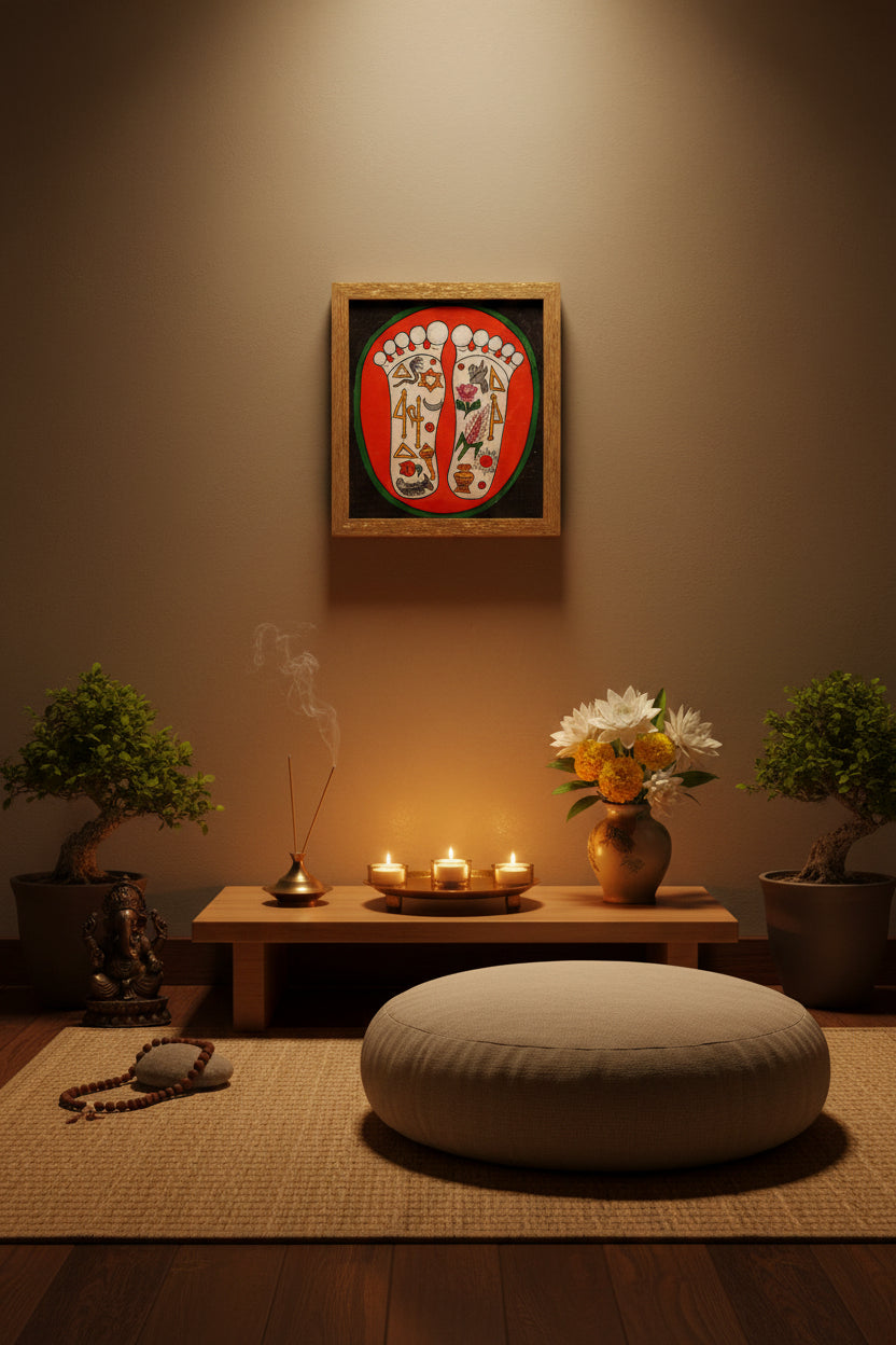Painting of two sacred feet with colorful spiritual symbols