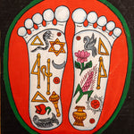 Painting of two sacred feet with colorful spiritual symbols
