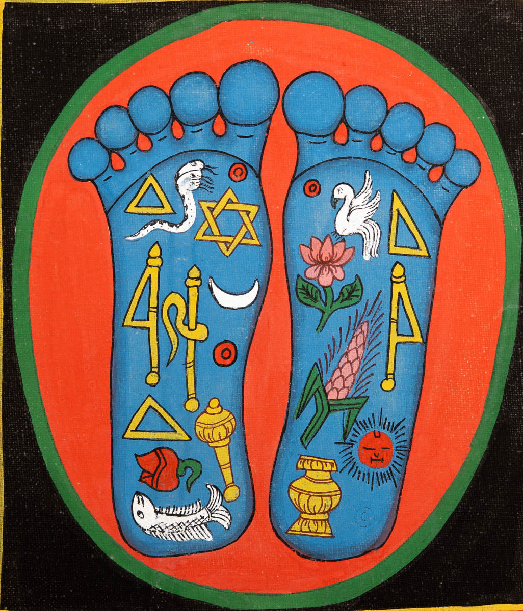 Painting of two sacred feet with colorful spiritual symbols
