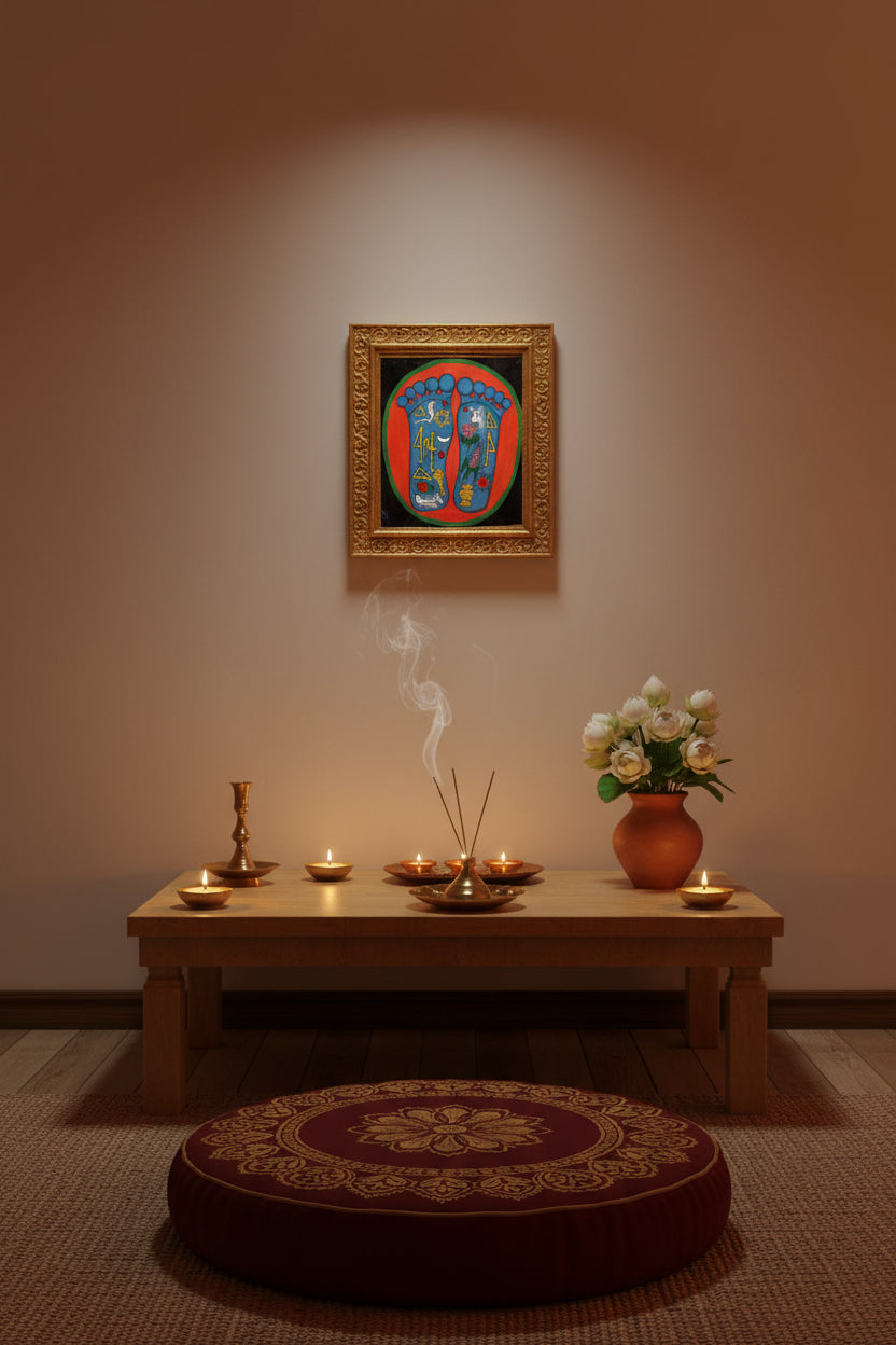 Painting of two sacred feet with colorful spiritual symbols
