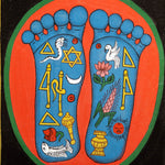 Painting of two sacred feet with colorful spiritual symbols
