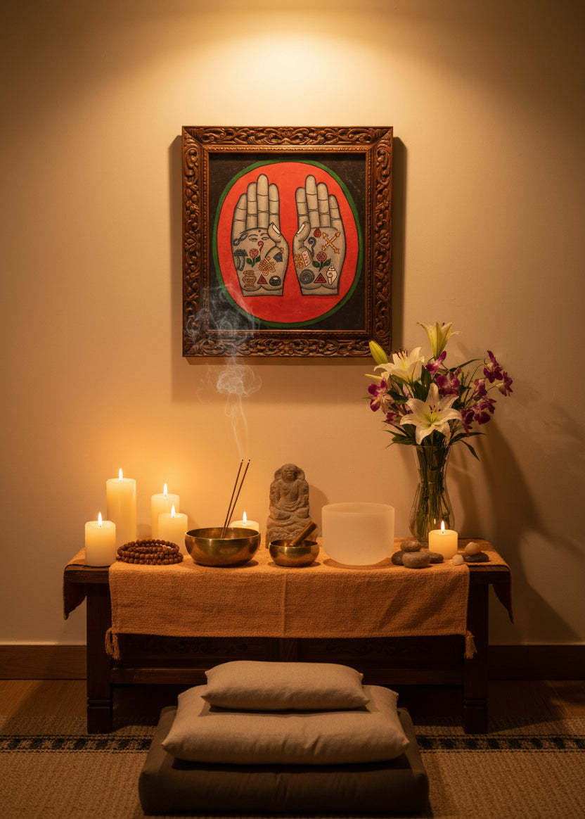Painting of two open hands with sacred Buddhist symbols 