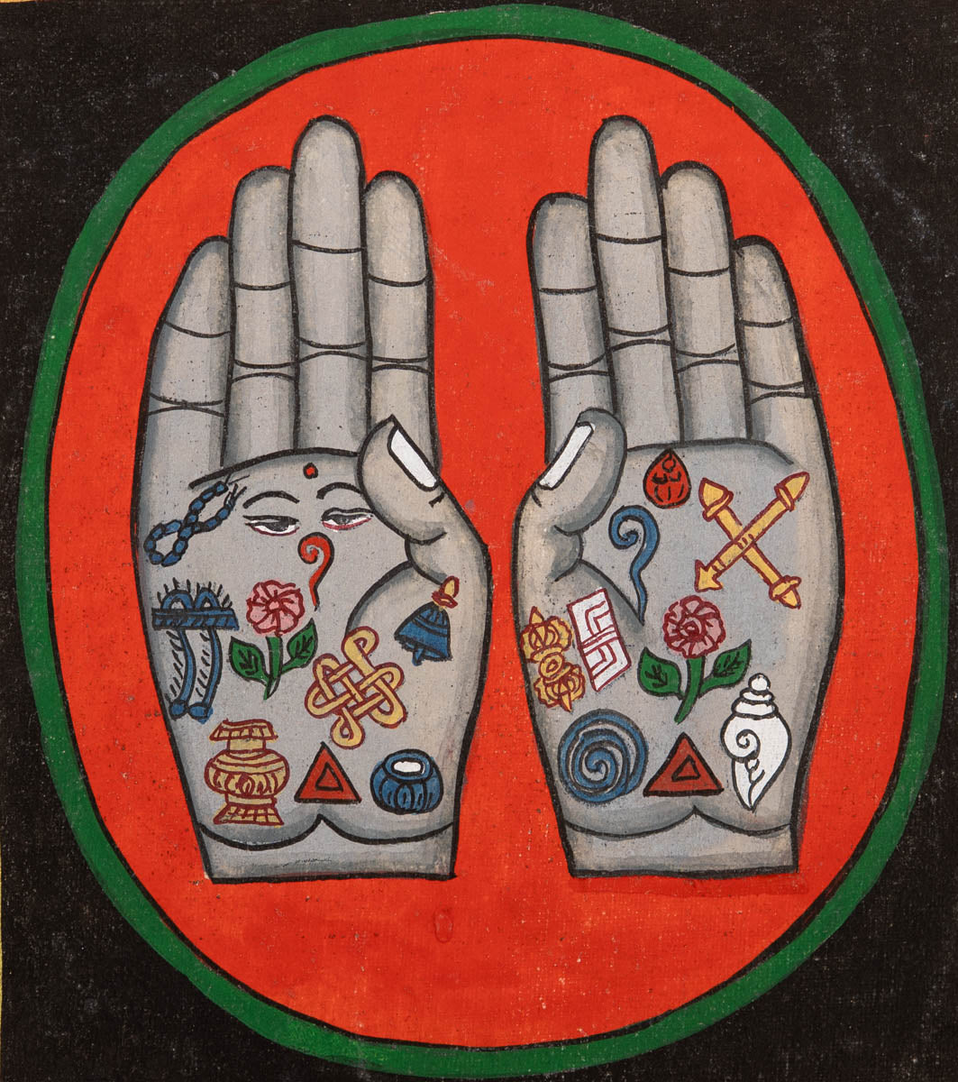 Painting of two open hands with sacred Buddhist symbols 