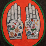 Painting of two open hands with sacred Buddhist symbols 
