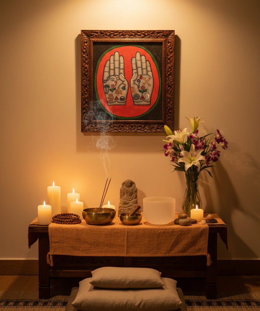 Painting of two open hands with sacred Buddhist symbols 