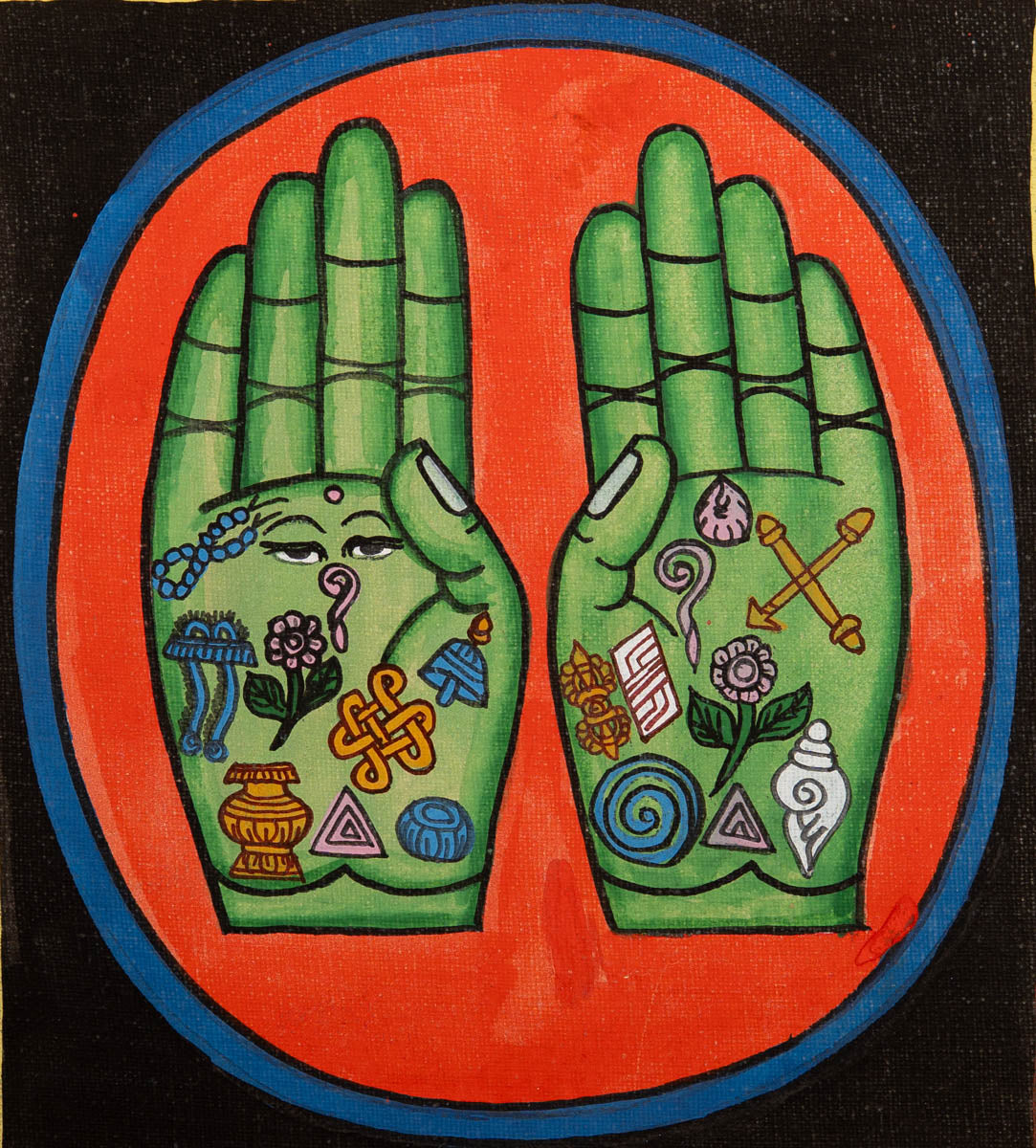 Painting of two open hands with sacred Buddhist symbols 