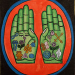 Painting of two open hands with sacred Buddhist symbols 