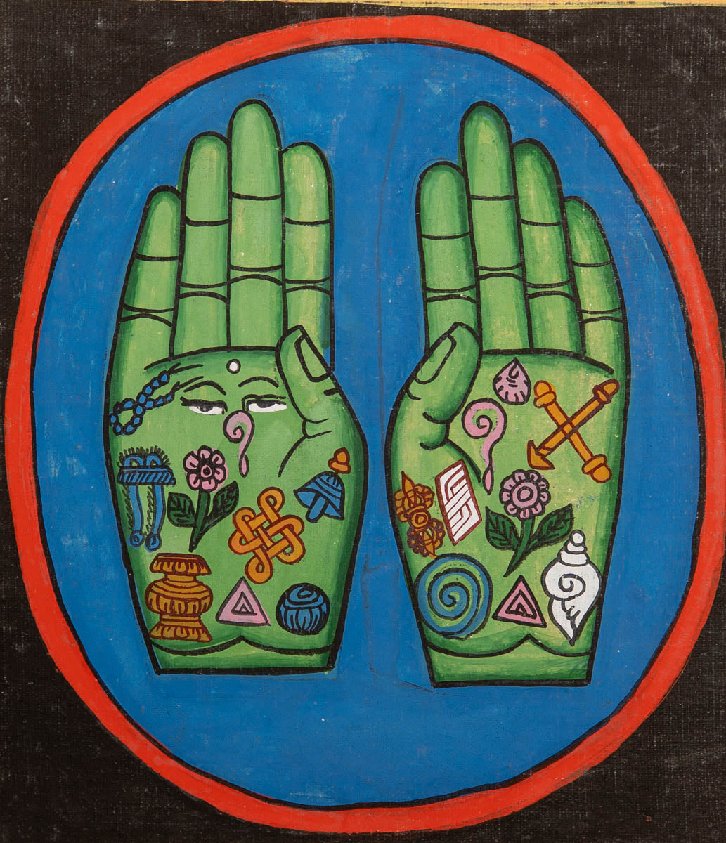 Painting of two open hands with sacred Buddhist symbols 