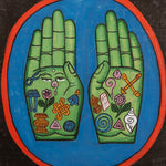 Painting of two open hands with sacred Buddhist symbols 