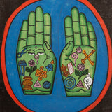 Painting of two open hands with sacred Buddhist symbols 