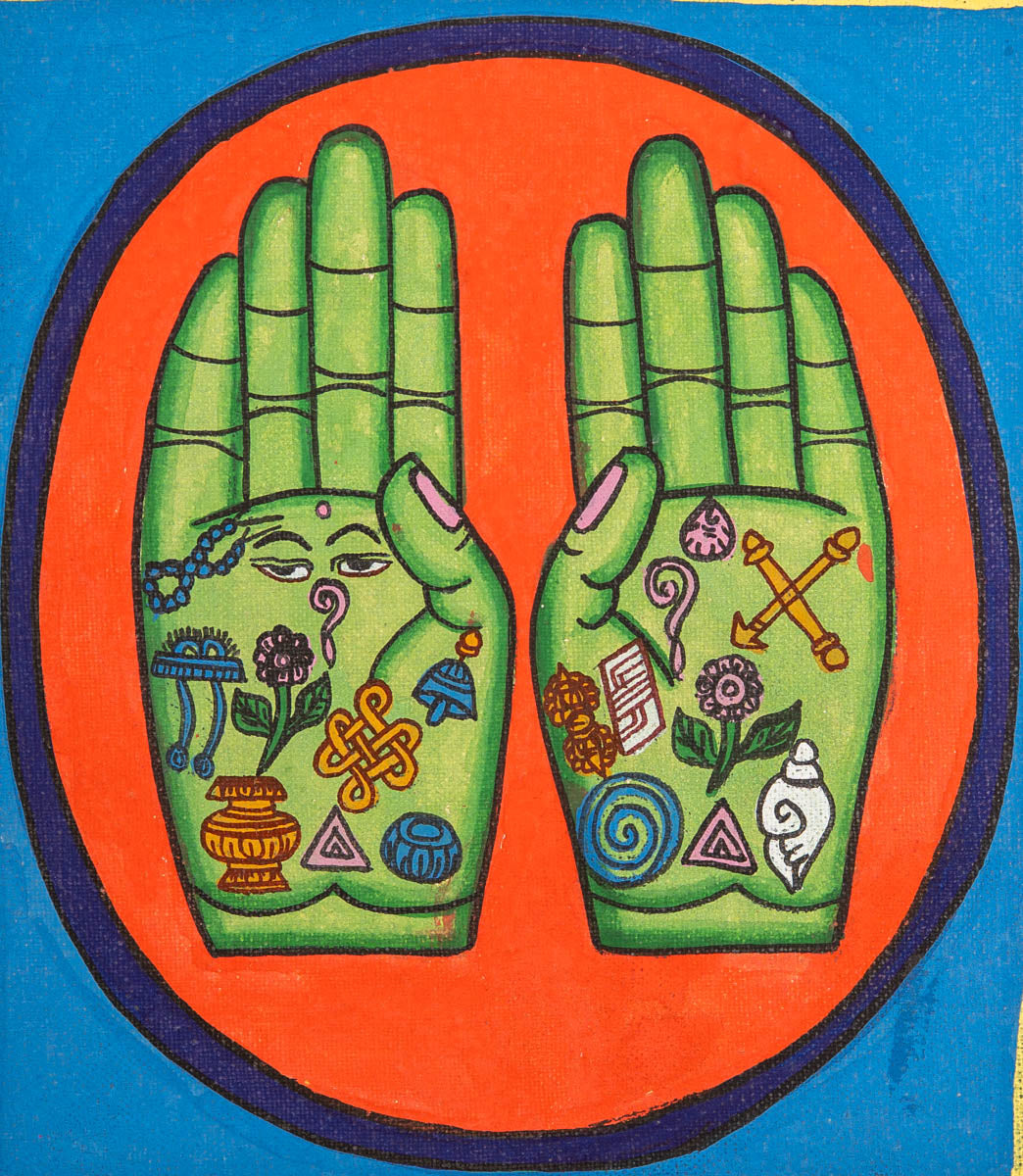 Painting of two open hands with sacred Buddhist symbols 