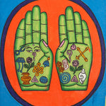 Painting of two open hands with sacred Buddhist symbols 