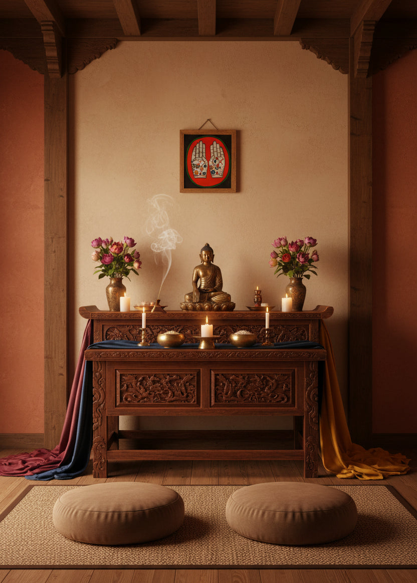 Painting of two open hands with sacred Buddhist symbols 