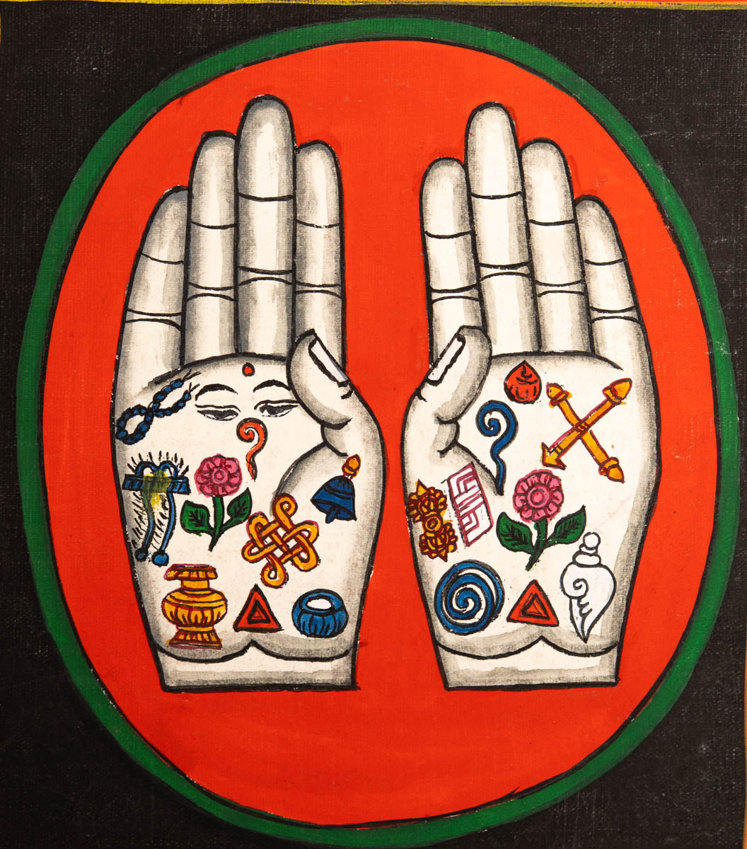 Painting of two open hands with sacred Buddhist symbols 