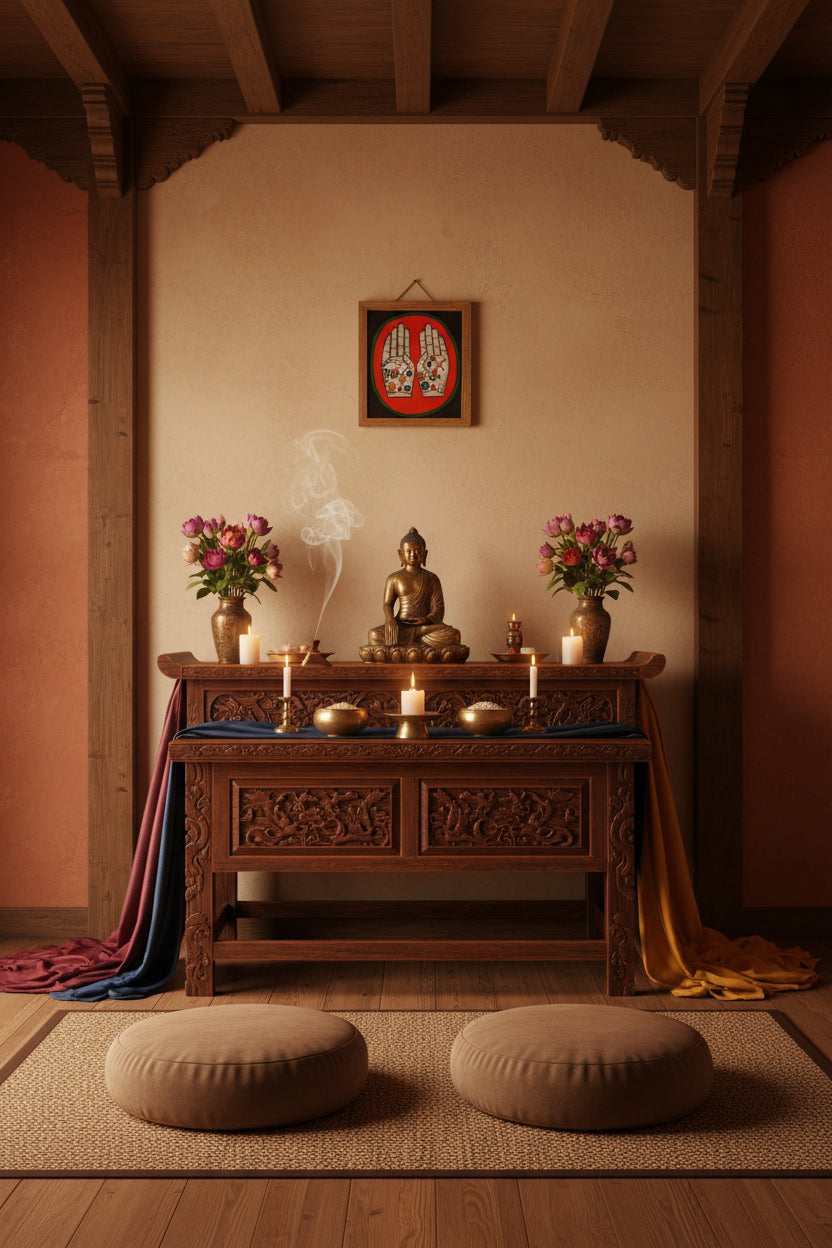 Painting of two open hands with sacred Buddhist symbols 